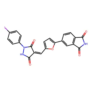 5-[5-[(Z)-[1-(4-iodophenyl)-3,5-dioxopyrazolidin-4-ylidene]methyl]furan-2-yl]isoindole-1,3-dione structure