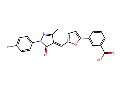 3-[5-[[1-(4-bromophenyl)-3-methyl-5-oxo-pyrazol-4-ylidene]methyl]-2-furyl]benzoic Acid structure