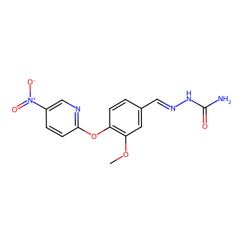 (2E)-2-{3-methoxy-4-[(5-nitropyridin-2-yl)oxy]benzylidene}hydrazinecarboxamide structure