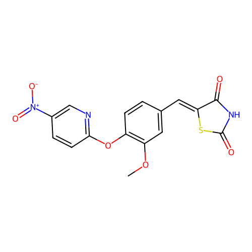 (5Z)-5-{3-methoxy-4-[(5-nitropyridin-2-yl)oxy]benzylidene}-1,3-thiazolidine-2,4-dione structure
