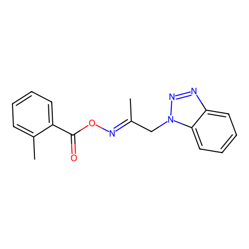 1-(1H-1,2,3-benzotriazol-1-yl)acetone O-(2-methylbenzoyl)oxime structure