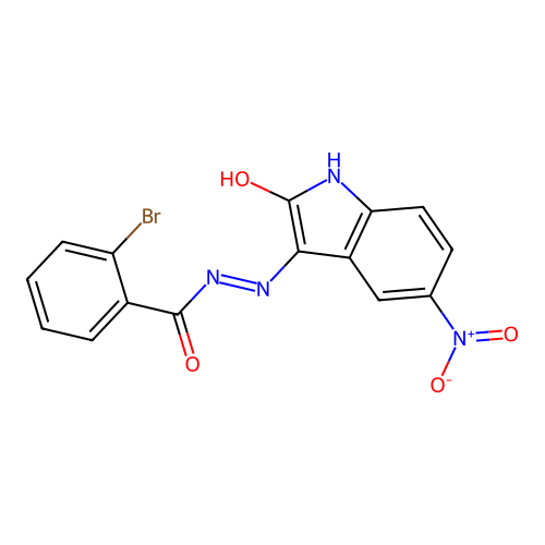 2-bromo-N'-[(3E)-5-nitro-2-oxo-1,2-dihydro-3H-indol-3-ylidene]benzohydrazide structure
