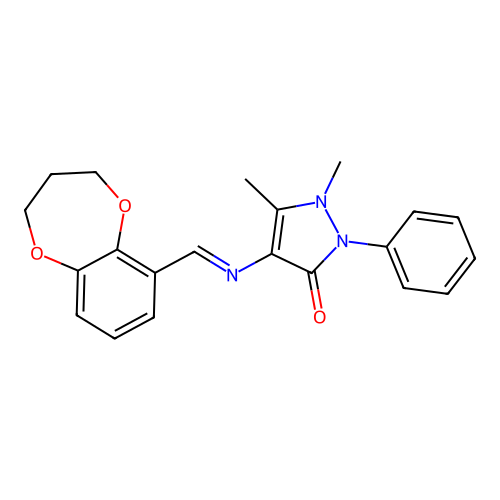(E)-4-(((3,4-dihydro-2H-benzo[b][1,4]dioxepin-6-yl)methylene)amino)-1,5-dimethyl-2-phenyl-1H-pyrazol-3(2H)-one structure