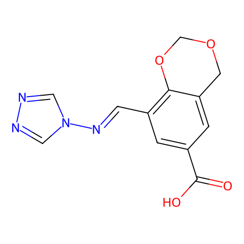 8-[(E)-(4H-1,2,4-triazol-4-ylimino)methyl]-4H-1,3-benzodioxine-6-carboxylic acid structure