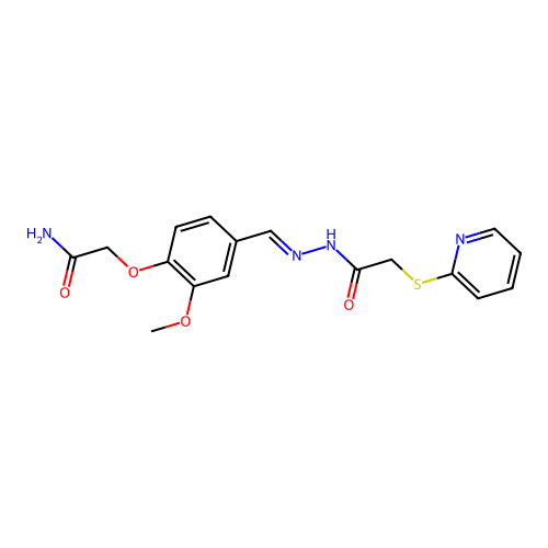 (E)-2-(2-methoxy-4-((2-(2-(pyridin-2-ylthio)acetyl)hydrazono)methyl)phenoxy)acetamide structure