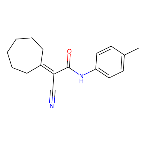 2-cyano-2-cycloheptylidene-N-(4-methylphenyl)acetamide structure