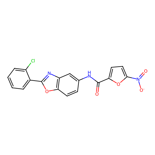 N-[2-(2-chlorophenyl)-1,3-benzoxazol-5-yl]-5-nitrofuran-2-carboxamide structure