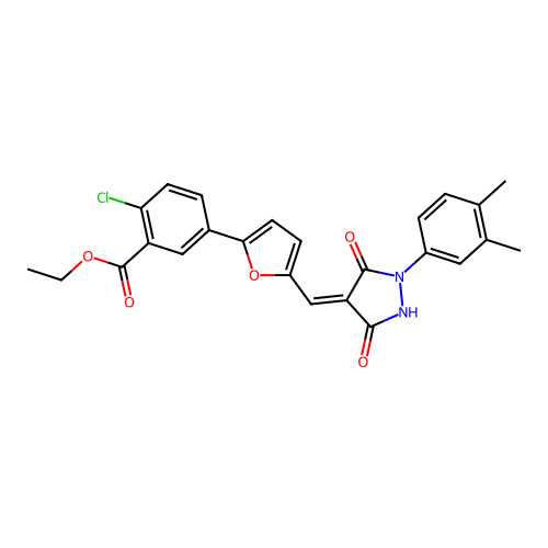 (Z)-ethyl 2-chloro-5-(5-((1-(3,4-dimethylphenyl)-3,5-dioxopyrazolidin-4-ylidene)methyl)furan-2-yl)benzoate structure