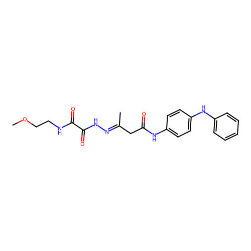 (3E)-3-(2-{[(2-methoxyethyl)amino](oxo)acetyl}hydrazinylidene)-N-[4-(phenylamino)phenyl]butanamide structure