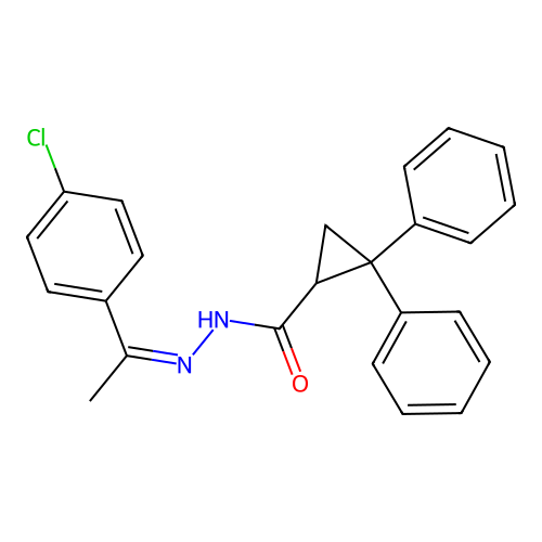 N-[(Z)-1-(4-chlorophenyl)ethylideneamino]-2,2-diphenylcyclopropane-1-carboxamide structure