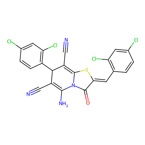 (2Z)-5-amino-2-(2,4-dichlorobenzylidene)-7-(2,4-dichlorophenyl)-3-oxo-2,3-dihydro-7H-[1,3]thiazolo[3,2-a]pyridine-6,8-dicarbonitrile structure