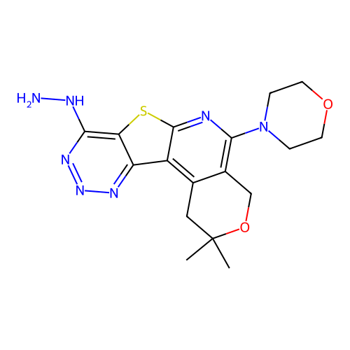 2,2-dimethyl-5-morpholin-4-yl-1,2-dihydro-4H-pyrano[4'',3''-4',5']pyridino[2', 3'-3,2]thiopheno[4,5-d]1,2,3-triazine-8-ylhydrazine structure