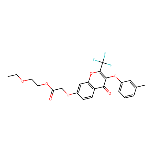 2-ethoxyethyl {[3-(3-methylphenoxy)-4-oxo-2-(trifluoromethyl)-4H-chromen-7-yl]oxy}acetate structure