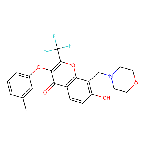 7-hydroxy-3-(3-methylphenoxy)-8-(morpholin-4-ylmethyl)-2-(trifluoromethyl)chromen-4-one structure