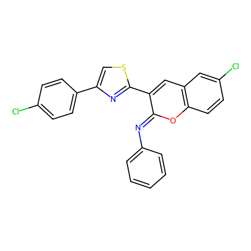 (Z)-N-(6-chloro-3-(4-(4-chlorophenyl)thiazol-2-yl)-2H-chromen-2-ylidene)aniline structure