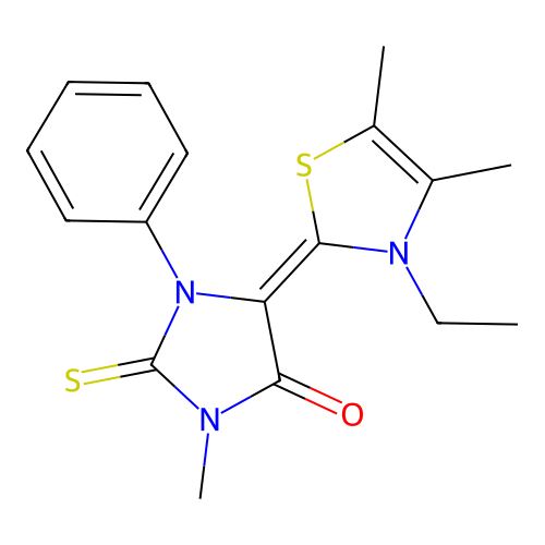 (5Z)-5-(3-ethyl-4,5-dimethyl-1,3-thiazol-2(3H)-ylidene)-3-methyl-1-phenyl-2-thioxoimidazolidin-4-one structure