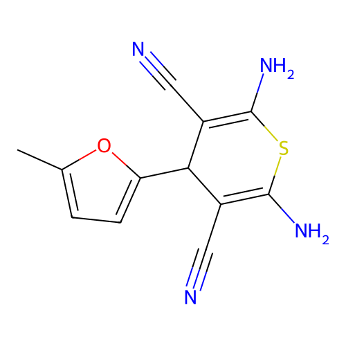 2,6-diamino-4-(5-methylfuran-2-yl)-4H-thiopyran-3,5-dicarbonitrile structure