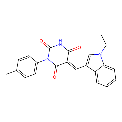 (5E)-5-[(1-ethyl-1H-indol-3-yl)methylidene]-1-(4-methylphenyl)pyrimidine-2,4,6(1H,3H,5H)-trione structure
