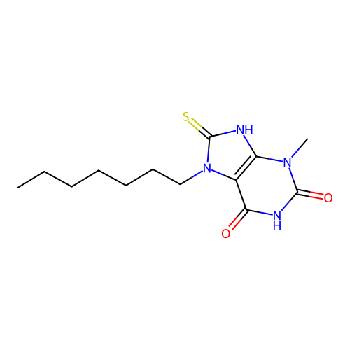 7-heptyl-3-methyl-8-sulfanyl-3,7-dihydro-1H-purine-2,6-dione structure