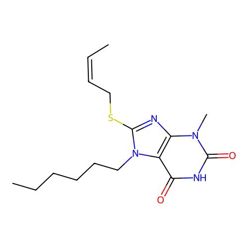 8-[(Z)-but-2-enyl]sulfanyl-7-hexyl-3-methylpurine-2,6-dione structure