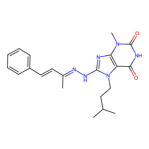 3-methyl-7-(3-methylbutyl)-8-[(2E)-2-[(3E)-4-phenylbut-3-en-2-ylidene]hydrazin-1-yl]-2,3,6,7-tetrahydro-1H-purine-2,6-dione structure