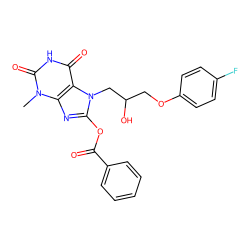 7-(3-(4-fluorophenoxy)-2-hydroxypropyl)-3-methyl-2,6-dioxo-2,3,6,7-tetrahydro-1H-purin-8-yl benzoate structure