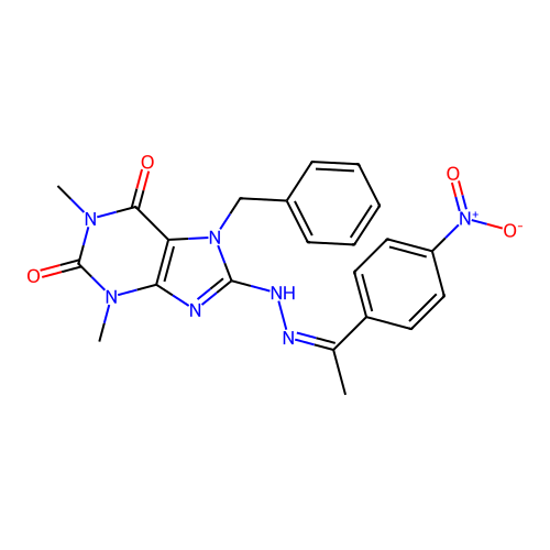 7-benzyl-1,3-dimethyl-8-[2-[1-(4-nitrophenyl)ethylidene]hydrazinyl]purine-2,6-dione structure