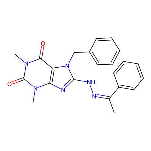 7-benzyl-1,3-dimethyl-8-[(2Z)-2-(1-phenylethylidene)hydrazinyl]purine-2,6-dione structure
