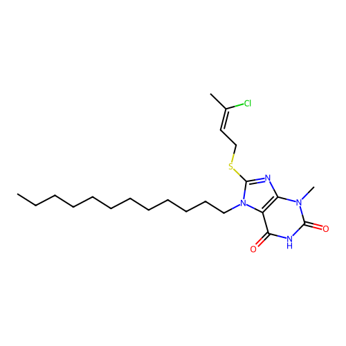 8-(3-chlorobut-2-enylsulfanyl)-7-dodecyl-3-methyl-purine-2,6-dione structure