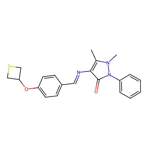 (E)-1,5-dimethyl-2-phenyl-4-((4-(thietan-3-yloxy)benzylidene)amino)-1H-pyrazol-3(2H)-one structure