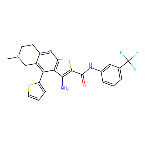 3-amino-6-methyl-4-(thiophen-2-yl)-N-(3-(trifluoromethyl)phenyl)-5,6,7,8-tetrahydrothieno[2,3-b][1,6]naphthyridine-2-carboxamide structure
