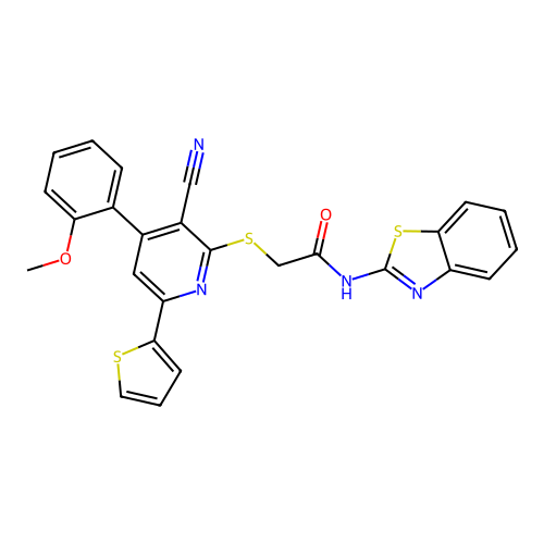 N-(1,3-benzothiazol-2-yl)-2-[3-cyano-4-(2-methoxyphenyl)-6-thiophen-2-ylpyridin-2-yl]sulfanylacetamide structure