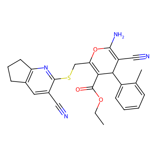 ethyl 6-amino-5-cyano-2-(((3-cyano-6,7-dihydro-5H-cyclopenta[b]pyridin-2-yl)thio)methyl)-4-(o-tolyl)-4H-pyran-3-carboxylate structure