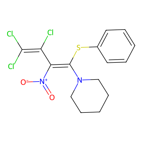 1-[(1E)-3,4,4-trichloro-2-nitro-1-phenylsulfanylbuta-1,3-dienyl]piperidine structure