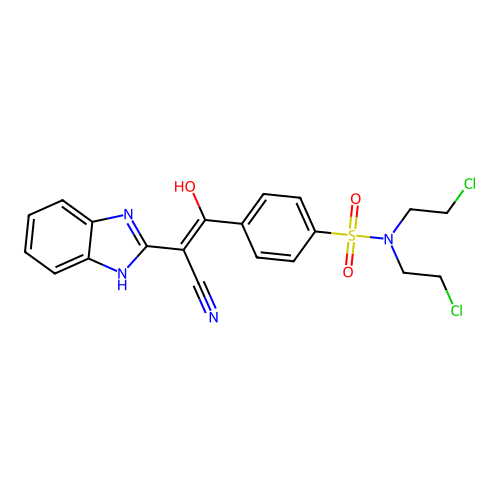 N,N-bis(2-chloroethyl)-4-[2-cyano-2-(2,3-dihydro-1H-1,3-benzodiazol-2-ylidene)acetyl]benzene-1-sulfonamide structure