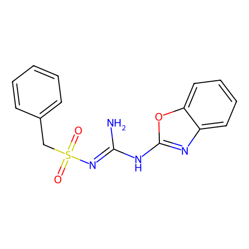 N-[(E)-amino(1,3-benzoxazol-2-ylamino)methylidene]-1-phenylmethanesulfonamide structure
