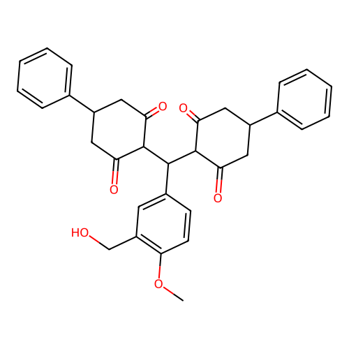 2,2'-((3-(hydroxymethyl)-4-methoxyphenyl)methylene)bis(5-phenylcyclohexane-1,3-dione) structure