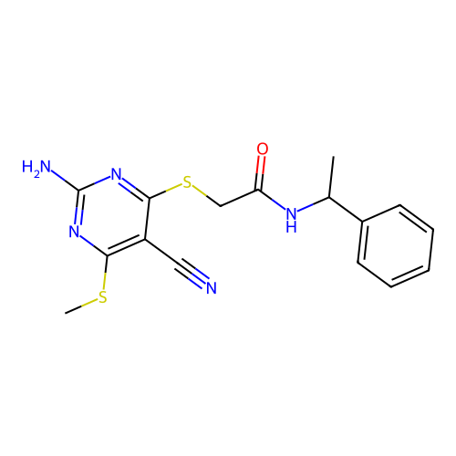 2-(2-amino-5-cyano-6-methylthiopyrimidin-4-ylthio)-N-(phenylethyl)acetamide structure