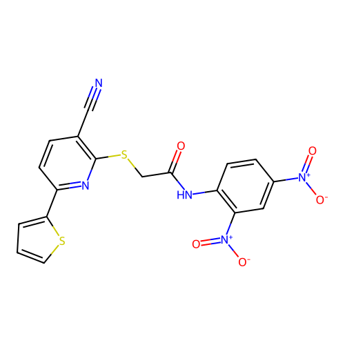 N-(2,4-dinitrophenyl)-2-(3-cyano-6-(2-thienyl)(2-pyridylthio))acetamide structure