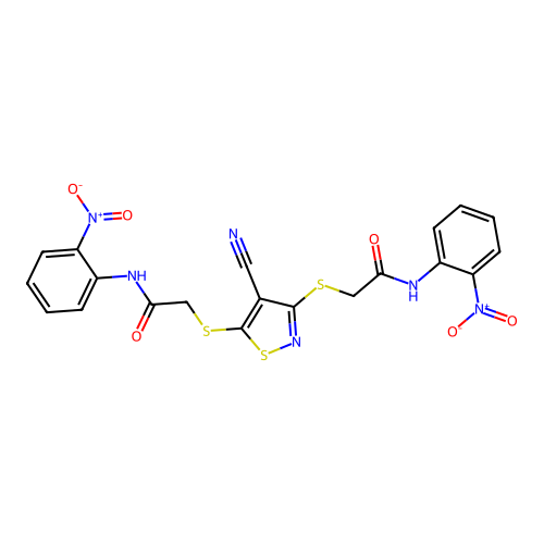 2,2'-[(4-cyano-1,2-thiazole-3,5-diyl)disulfanediyl]bis[N-(2-nitrophenyl)acetamide] structure