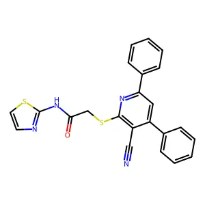 2-(3-cyano-4,6-diphenylpyridin-2-yl)sulfanyl-N-(1,3-thiazol-2-yl)acetamide structure