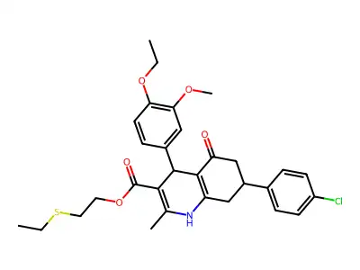 2-(ethylsulfanyl)ethyl 7-(4-chlorophenyl)-4-(4-ethoxy-3-methoxyphenyl)-2-methyl-5-oxo-1,4,5,6,7,8-hexahydroquinoline-3-carboxylate structure