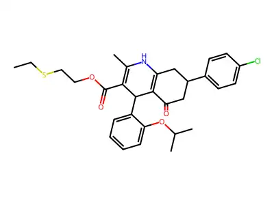 2-(ethylsulfanyl)ethyl 7-(4-chlorophenyl)-2-methyl-5-oxo-4-[2-(propan-2-yloxy)phenyl]-1,4,5,6,7,8-hexahydroquinoline-3-carboxylate structure