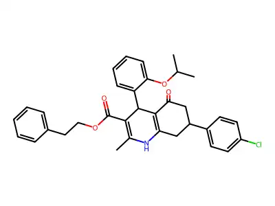 2-phenylethyl 7-(4-chlorophenyl)-2-methyl-5-oxo-4-[2-(propan-2-yloxy)phenyl]-1,4,5,6,7,8-hexahydroquinoline-3-carboxylate structure