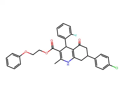 2-phenoxyethyl 7-(4-chlorophenyl)-4-(2-fluorophenyl)-2-methyl-5-oxo-1,4,5,6,7,8-hexahydroquinoline-3-carboxylate structure