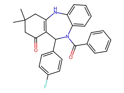5-benzoyl-6-(4-fluorophenyl)-9,9-dimethyl-6,8,10,11-tetrahydrobenzo[b][1,4]benzodiazepin-7-one structure