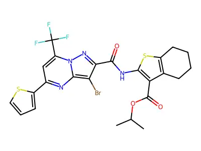 isopropyl 2-({[3-bromo-5-(2-thienyl)-7-(trifluoromethyl)pyrazolo[1,5-a]pyrimidin-2-yl]carbonyl}amino)-4,5,6,7-tetrahydro-1-benzothiophene-3-carboxylate structure