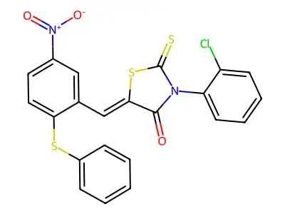 3-(2-chlorophenyl)-5-[(5-nitro-2-phenylsulfanylphenyl)methylidene]-2-sulfanylidene-1,3-thiazolidin-4-one structure