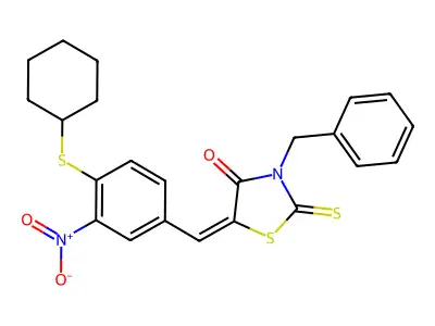 3-benzyl-5-[(4-cyclohexylsulfanyl-3-nitrophenyl)methylidene]-2-sulfanylidene-1,3-thiazolidin-4-one structure