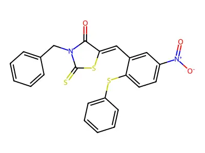 3-benzyl-5-[(5-nitro-2-phenylsulfanylphenyl)methylidene]-2-sulfanylidene-1,3-thiazolidin-4-one structure